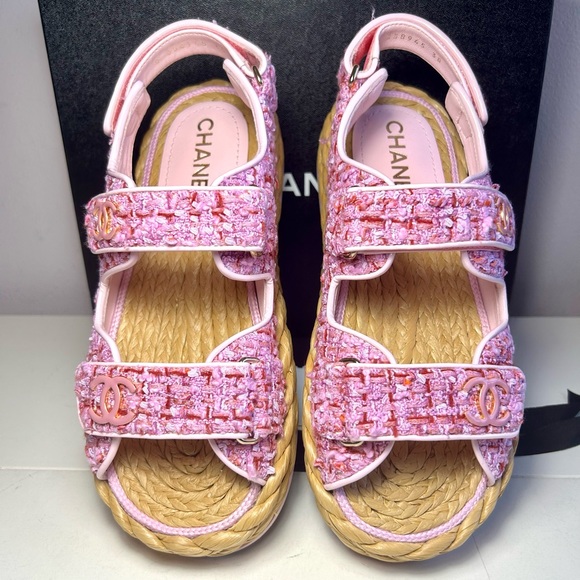 NEW CHANEL 22P DAD SANDALS CC LOGO PINK PURPLE TWEED PAT.LEATHER SZ 38 - Picture 2 of 16